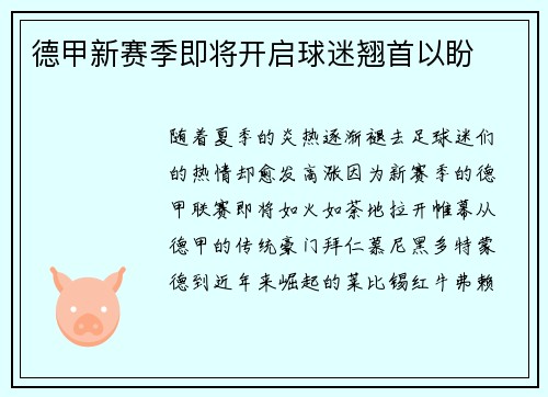德甲新赛季即将开启球迷翘首以盼