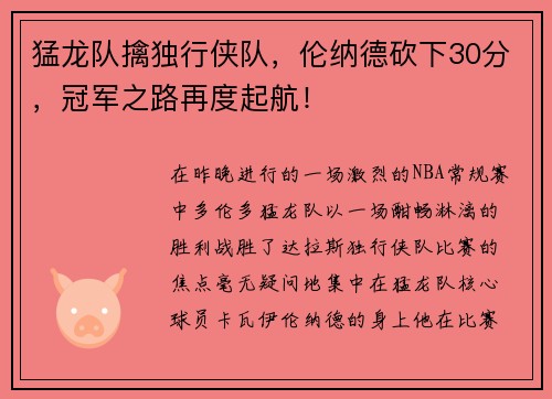猛龙队擒独行侠队，伦纳德砍下30分，冠军之路再度起航！