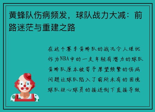 黄蜂队伤病频发，球队战力大减：前路迷茫与重建之路